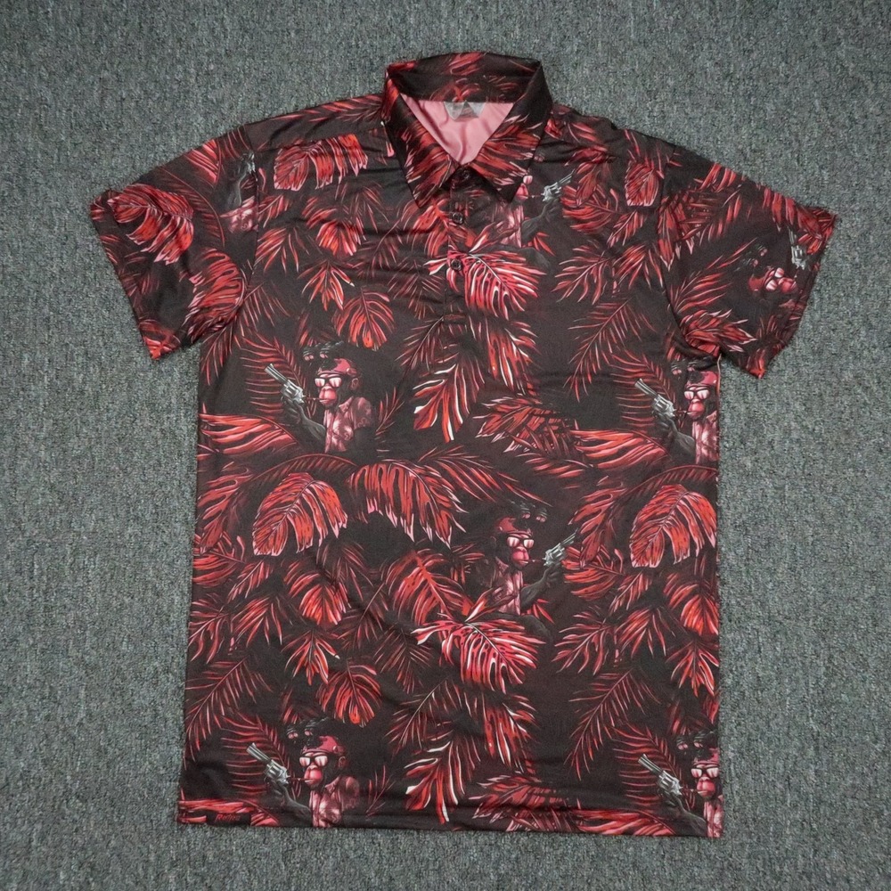 Retro Rifle Shirt Men Large Black Red Tropical Short Sleeve Tactical Monkey